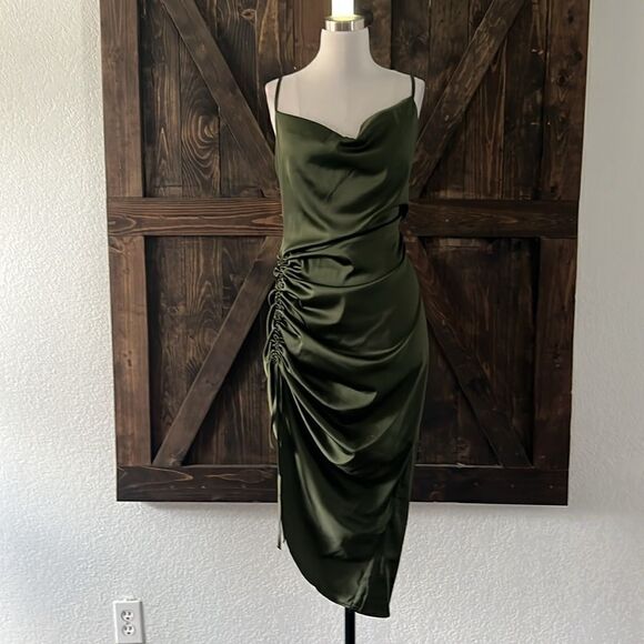 Neck Ruched Drawstring Knot Asymmetrical Satin Cami high thigh slit Dress - Picture 6 of 15